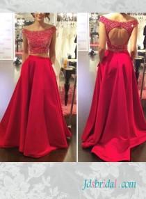 wedding photo -  PD16056 two pieces separated red prom dress with pockets