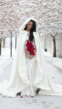 2015 Amazing White / Ivory Bridal Winter Wedding Cloak Cape Faux Fur Long Custom wedding photo - 2015 Amazing White / Ivory Bridal Winter Wedding Cloak Cape Faux Fur Long Custom