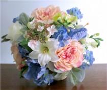 wedding photo - Silk Bridal Bouquet, Blush Pink, Light Blue, Green, and Ivory, Wedding Flowers, Roses, Lilies, Irises, Hydrangea, Freesia, "Abundance"