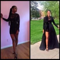 wedding photo -  Sexy Two Piece See Through Black Lace Short Prom Dresses Long Sleeve Detachable Coat Floor Length Evening Pageant Dresses Online with $89.77/Piece on Hjklp88's Store 