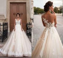 wedding photo -  Stunning 2016 Milla Nova Sheer Castle Wedding Dresses Ball Illusion Back Appliques Lace Chapel Train Bridal Gown For Western Style Online with $108.55/Piece on Hjkl