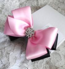 wedding photo - Girls Hair Bow with Sparkle in Light Pink and Black, Flower Girl, Pageant Bow