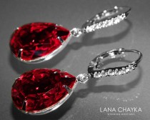 wedding photo -  Dark Red Crystal Leverback Earrings Swarovski Red Rhinestone Earrings Siam Red Dangle Earring Wedding Teardrop Red Silver CZ Bridal Earrings