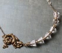wedding photo - Bridal necklace crystal antique style rococo vintage elegant brass wedding jewelry bronze beaded