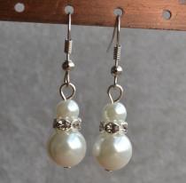 wedding photo - white pearl earrings,Glass Pearl earrings,rhinestones earrings,dangle pearl earrings,Wedding earrings,bridesmaid earrings,Jewelry