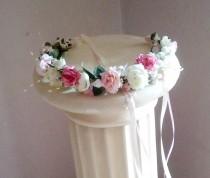 wedding photo - Bridal Flower Crown Wedding Hair Accessories, Pink Headband, Floral Crown, Flower Girl Hair Wreath Wedding Headband, Halo, garland wreath
