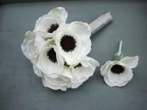 wedding photo - White Silk Anemone Bridal Bouquet and Grooms Boutonniere Set, Real Feel Silk Flowers, Everlasting Wedding Keepsake,