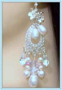 wedding photo - Bridal Chandelier Earrings, Vintage Inspired, STERLING SILVER, Swarovski Crystals, Pear Pearls, Baroque Pearls, Several Pearl Colors.