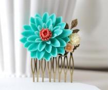 wedding photo - Large Teal Green Turquoise Chrysanthemum Flower Hair Comb. Wedding Bridal Hair Comb. Bridesmaid Gift. Woodland Country