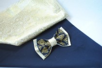 wedding photo - Gold brocade navy blue bow tie with gold embroidery For wedding in navy gold colours pallette Groomsmen bowties For groom Sparkle men's gift