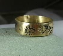 wedding photo - Solid Gold Rustic Wedding Band , 14 kt  gold and diamond  peace band, Heavy gold band with pictures