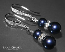 wedding photo -  Navy Blue Pearl Silver Earrings Swarovski Night Blue Pearl Wedding Earrings Dark Blue Pearl Dangle Earrings Pearl Hypoallergenic Earrings