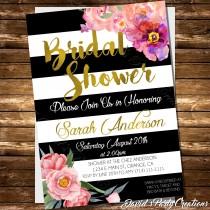 wedding photo - Black and White Striped Bridal Shower Invitation Spade Inspired Gold Foil or Glitter Floral Invitation