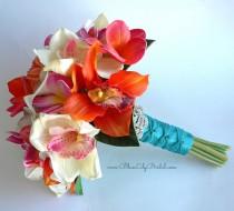 wedding photo - Sunset Beach- Tropical Bridal Bouquet with real touch orchids, calla lilies and plumeria- Beach Wedding