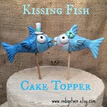 wedding photo - Blue Kissing Fish cake topper  for your Rustic Beach Wedding