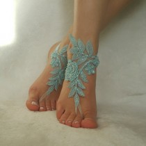 wedding photo -  Smoked blue free ship beaded pearls country wedding beach wedding barefoot sandals embroidered bridesmaid gift unique foot accessory