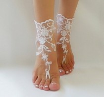 wedding photo -  white Barefoot , french lace sandals, wedding anklet, Beach wedding barefoot sandals, embroidered sandals.