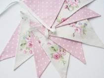 wedding photo - Shabby Chic Bunting, Pink and Light Beige, Floral and Dots, Fabric Bunting,  Pennant Banner, Wedding Bunting, Baby Bunting, Various Lengths
