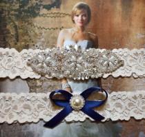 wedding photo - Vintage Inspired Wedding Garter Set, Bridal Garter Set, Ivory Lace Garter, Rhinestone Crystal, Violet Style 10355