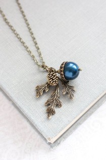wedding photo - Navy Pearl Acorn Necklace Rustic Nature Charm Pendant Pinecone Branch Leaf Oak Woodland Wedding Autumn Jewelry Bridesmaids Gift Peacock Blue