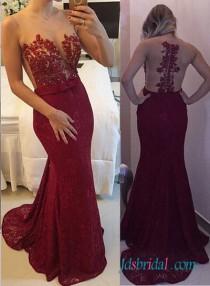 wedding photo -  PD16068 Sexy illusion sheer top red mermaid lace prom dress