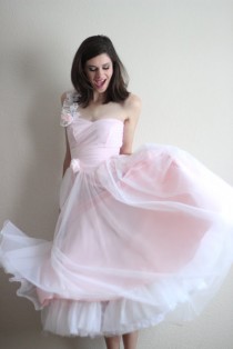 wedding photo - 70s does 50s Vintage Pink One Shoulder Evening Gown. Ballerina Sweetheart Prom Dress. Blush Fairy Satin & Chiffon Tea Length Wedding. XXS