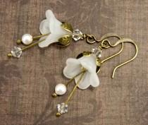 wedding photo - White Bellflower Earrings  Crystal & Pearl Swarovski Beads  Antiqued Brass and Frosted Flower  Beaded Jewelry  Bridal Victorian Fairy Bell