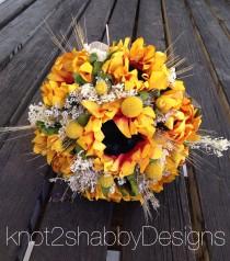 wedding photo - Sunflower bouquet - Bridesmaids bouquet  - babys breath - wheat - dried billy balls bouquet - country wedding - sunflower bridal bouquet 