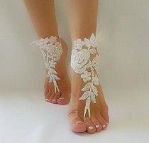 wedding photo -  ivory Barefoot , french lace sandals, wedding anklet, Beach wedding barefoot sandals, embroidered sandals.