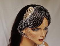 wedding photo - Bridal Birdcage Veil, Big Brooch Comb, Silver/ Dark-Rosegold Or Yellow Gold Brooch, Blusher/Bandeau Veil, Custom Birdcage-Detachable-