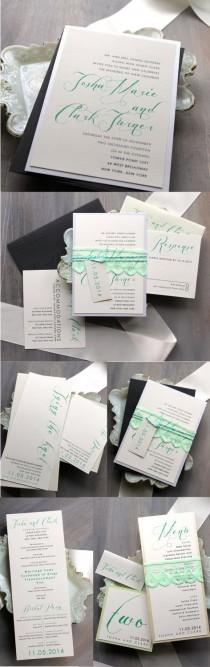 wedding photo - Elegant Script Wedding Invitations, Mint Green And Gray Invitations, Modern Invitations, Formal Wedding, Black Tie - "Mint Script" Sample