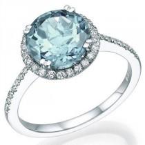 wedding photo - Round Cut Aquamarine Halo Engagement Ring 14k White Gold Art Deco Natural Aquamarine Ring March Birthstone