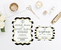 wedding photo - Black and White Stripes Wedding Invitation & RSVP Gold Glitter - DIE CUT - Digital or Prints - Bridal Shower Rehearsal Dinner