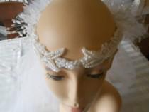 wedding photo - AA22-Vintage 1970's "Laurel Wreath" design headpiece in white with elegant banding like leaves and back sprays of tiny silk blossom w/ pearl