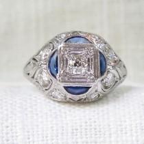 wedding photo -  Art Deco Platinum Diamond and Blue Sapphire Engagement Ring 1.05 Carats