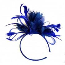 wedding photo - Royal Blue Net Hoop & Feathers Fascinator On Headband