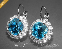 wedding photo -  Aquamarine Halo Crystal Earrings Swarovski Rhinestone Silver Earrings Aqua Blue Leverback Hypoallergenic Earrings Bridesmaid Jewelry Wedding