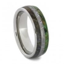 wedding photo - Titanium Ring with Dinosaur Bone Gibeon Meteorite, and Green Box Elder Burl Inlay Wedding Band
