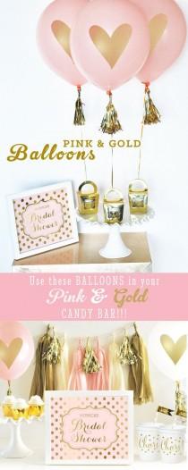 wedding photo - Bridal Shower Ideas - Bridal Shower Centerpiece Bridal Balloons Pink And Gold Balloons Gold Heart Balloons  (EB3110HRT) - SET Of 3 Balloons