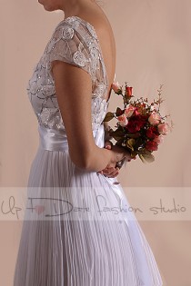 wedding photo - Unique/ Plus Size wedding party romantic/ tulle drapped /3D Chiffon Flower Fabric Sequins Silver  dress