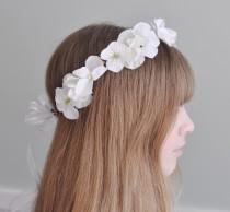 wedding photo - Flower Girl Wreath, First Communion Floral Crown, Wedding Flowers, Pure White Sweet Pea, Hydrangea made by Holly's Flower Shoppe.