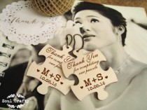 wedding photo -  Puzzle Wooden tag Personalized Engraved Thank you Wedding Gift Tags Favor Favour Embellishment Pack of 30/ 50/ 80/ 100