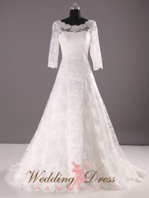 wedding photo - Gorgeous Aline French Lace Wedding Dress with Sleeves Modest Neckline and V-back