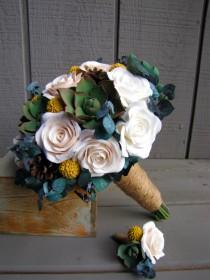 wedding photo - Rustic Wedding Bouquet and Boutonniere with Succulents, Roses, Billy Balls, and Pine Cones