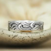 wedding photo - Art Nouveau Ocean Waves Wedding Band in Sterling - Silver Sea-Inspired Scrollwork Pattern Band - Unisex Commitment Band or Promise Ring