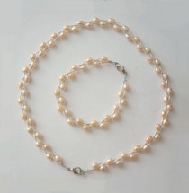 wedding photo - Genuine Peach Pearl Necklace Bracelet SET, Fresh water pearls, braided double row necklace, bridesmaid necklace bridal necklace set