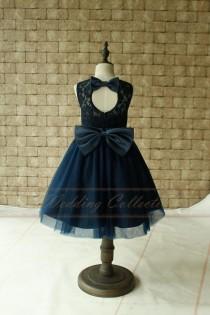 wedding photo - Navy Lace Flower Girl Dresses, Tulle Flower Girls Dress With Navy Sash and Bow