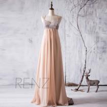 wedding photo - 2016 Tan Bridesmaid dress Long, Silver Sequin Neck Spaghetti Strap Wedding dress, Empire Waist Prom dress, Backless Formal dress (HQ058)