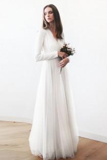 wedding photo - Ivory Maxi Tulle Gown With Long Sleeves , Wedding Maxi Tulle Gown