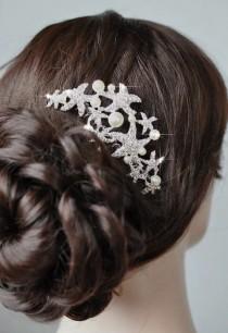 wedding photo - Bridal Vintage Beach Wedding Starfish Hair Comb Rhinestone and Pearl